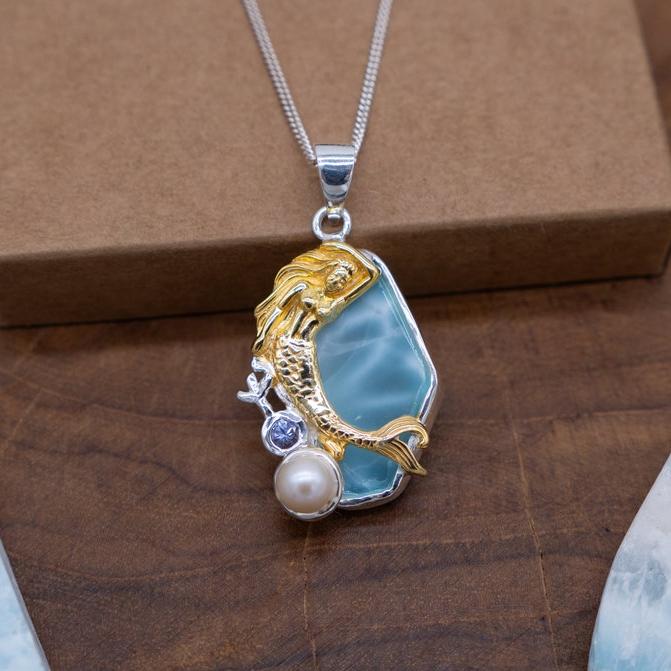 Mermaid Necklace Gold Pearl Blue Topaz