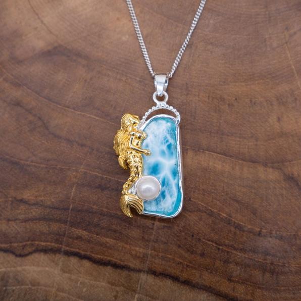 Mermaid Necklace - Gold, Larimar, Blue Topaz, Pearl, Silver
