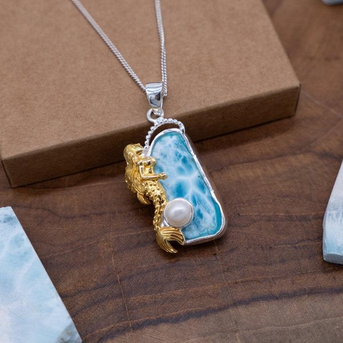Mermaid Necklace - Gold, Larimar, Blue Topaz, Pearl, Silver