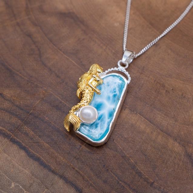 Mermaid Necklace - Gold, Larimar, Blue Topaz, Pearl, Silver