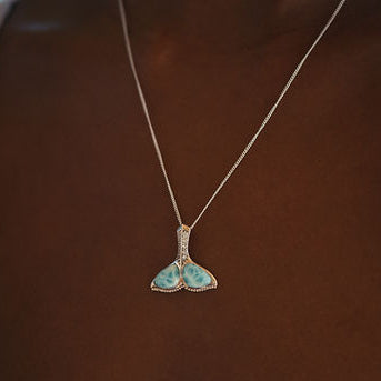 Sterling Silver Whale Tail Pendant Necklace with Larimar and White CZ