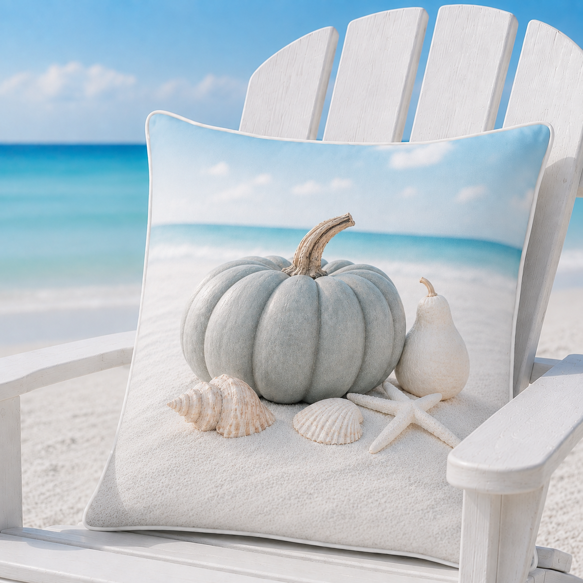 Coastal Grey and Ivory pillow cover styled in a bright seaside setting