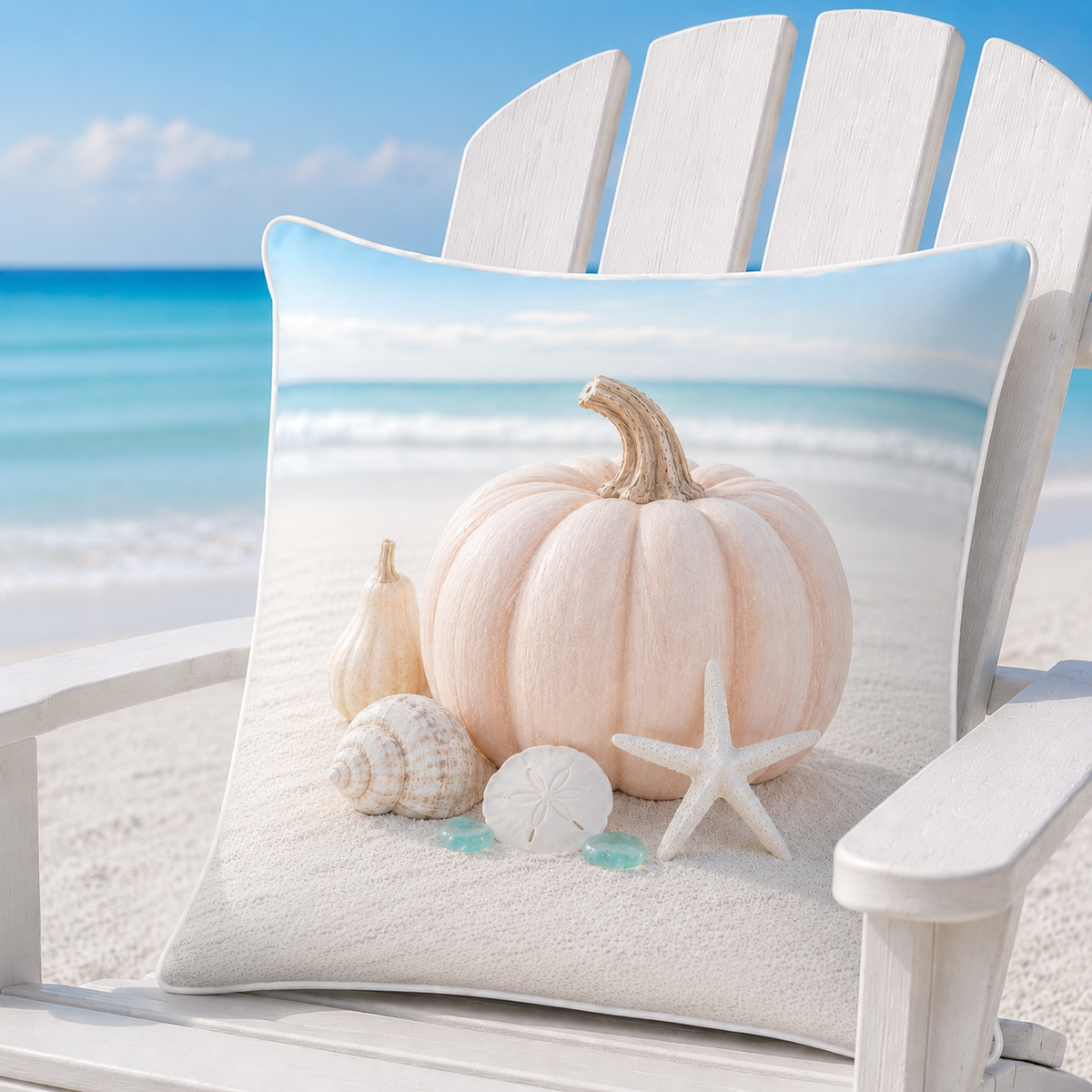Shell Blush coastal pillow cover styled on a white chair in a bright beach setting