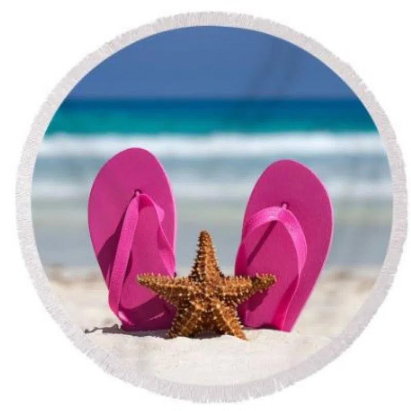 Pink Flip Flops &amp; Starfish Round Beach Towel