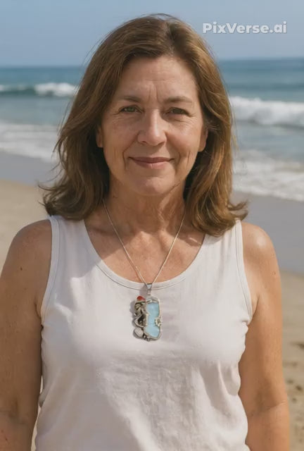 woman walking on the beach wearing a mermaid necklace with larima stone 