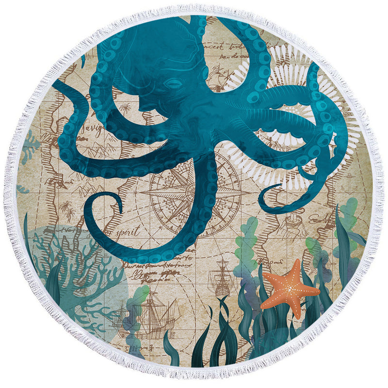 Octopus Love Round Beach Towel