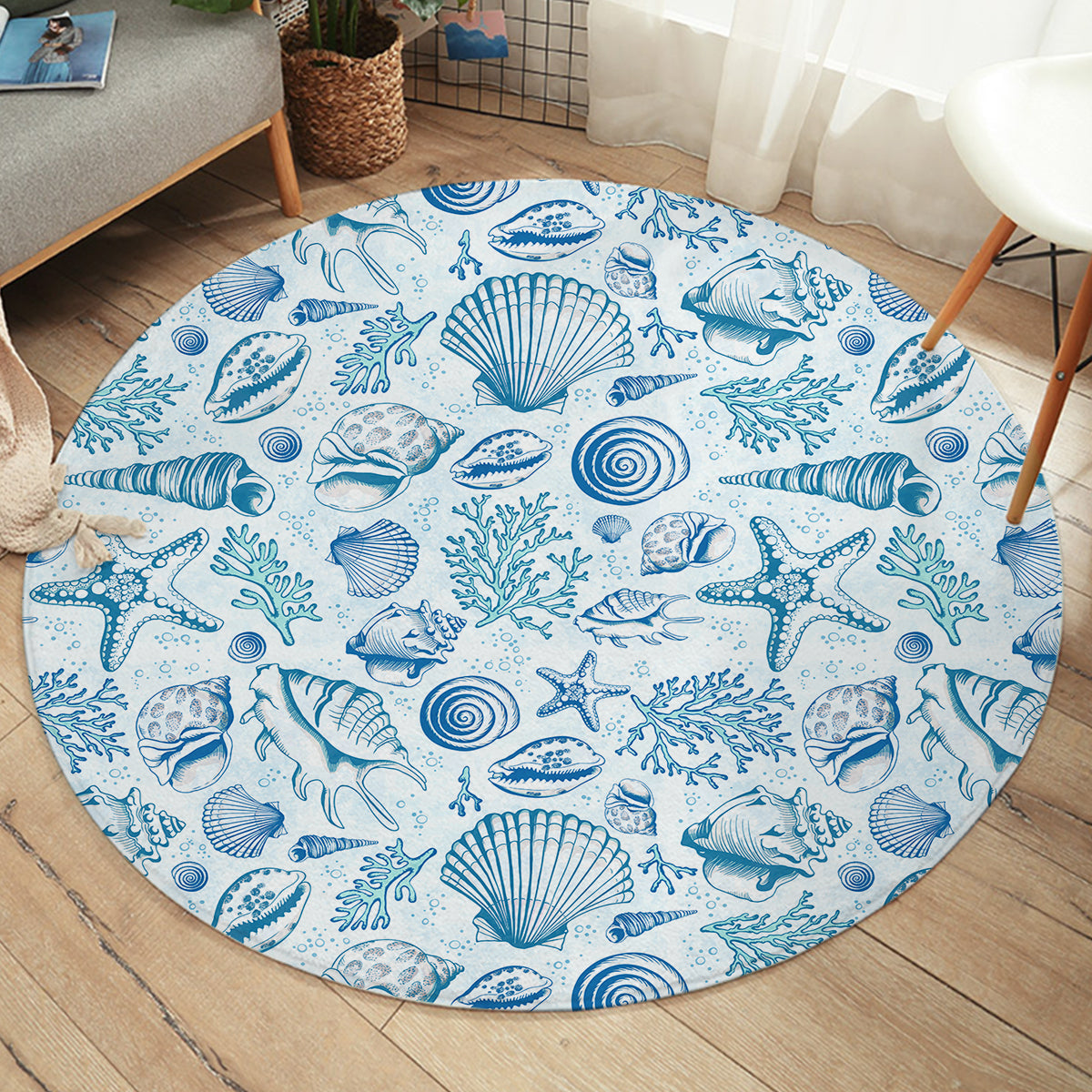 Blue Seashells Round Area Rug