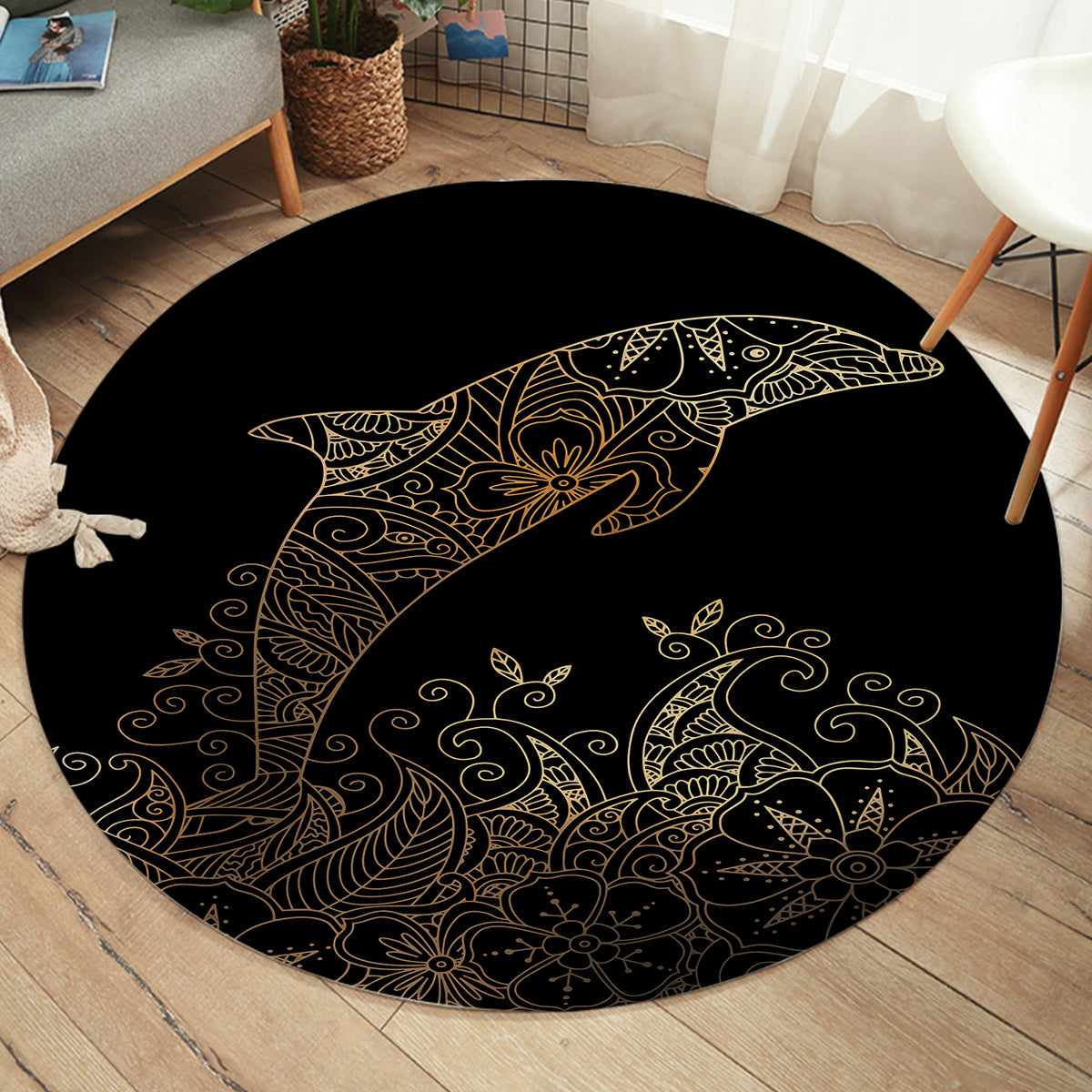 The Golden Dolphin Round Area Rug