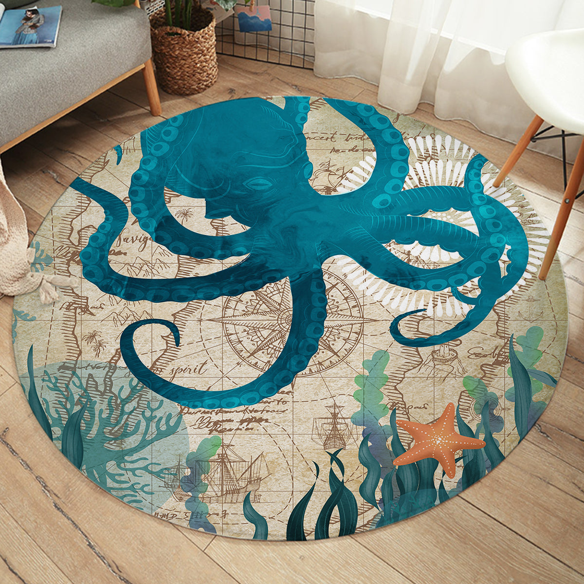 Octopus Channel Rug Ocean Themed Area Rug - Coastal Passion