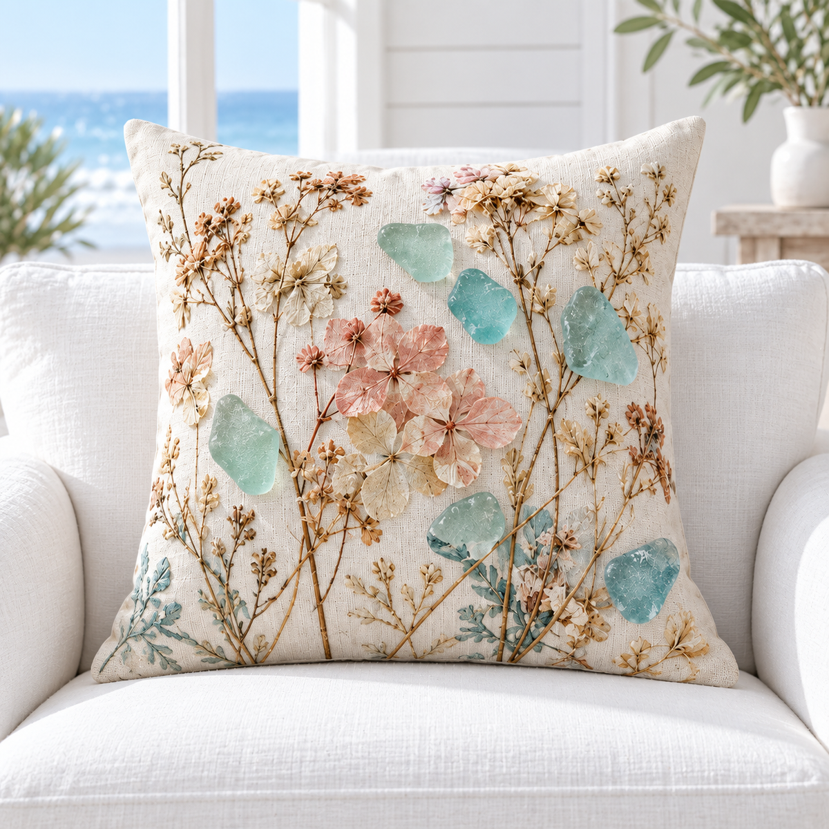 Botanical Sea Glass pillow cover with aqua sea glass and delicate dried coastal flowers