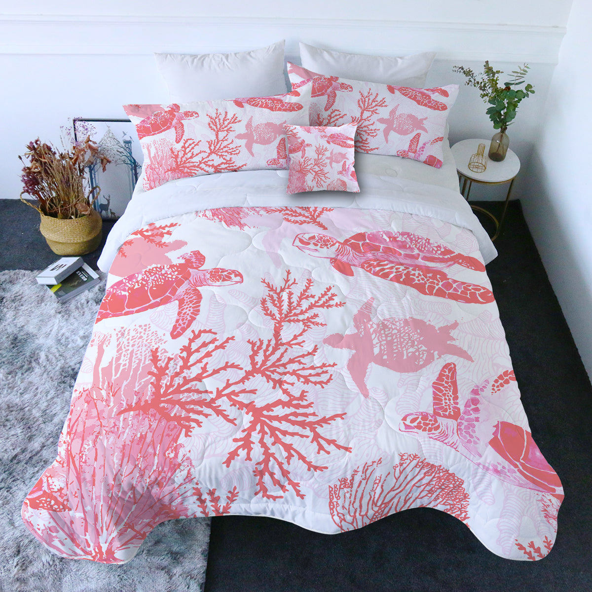 Red Coral Wonders Comforter with Shams and Pillow Cover