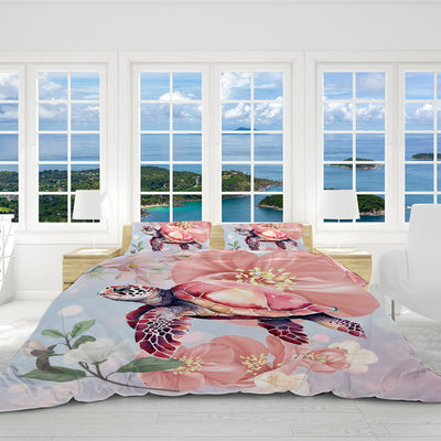 Sea Turtle Blossoms Reversible Bedcover Set