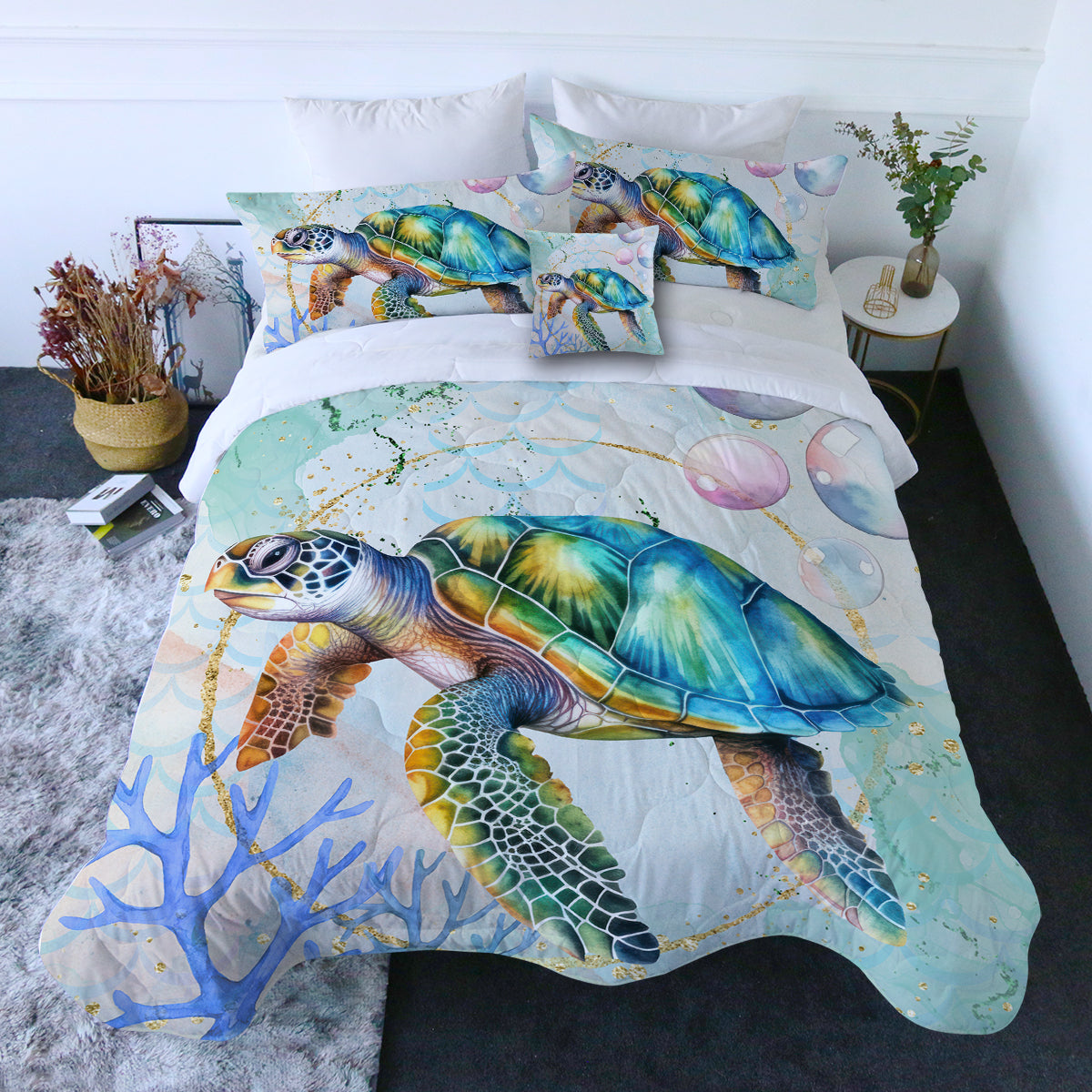 Dreamy Sea Turtle Comforter with Shams and Pillow Cover