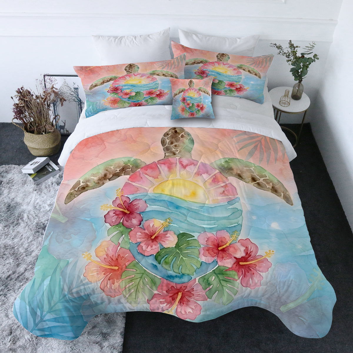 Sea Turtle Sunrise Comforter with Shams and Pillow Cover
