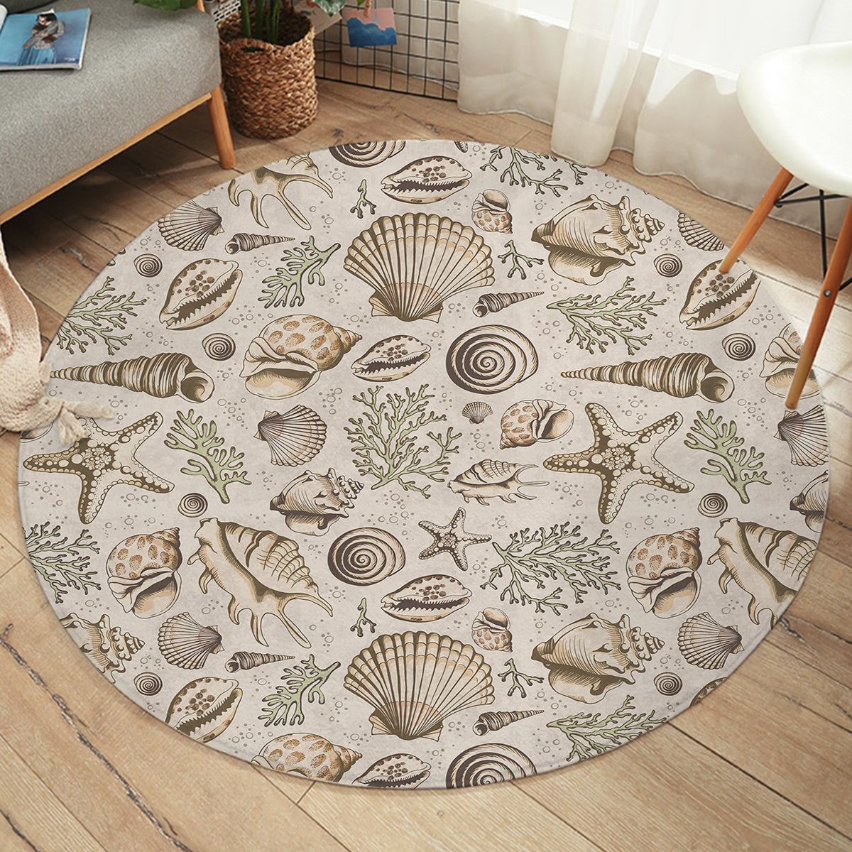 Brown Seashells Round Area Rug