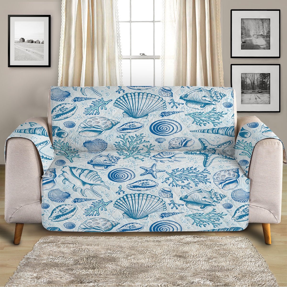 Blue Seashells Sofa Cover