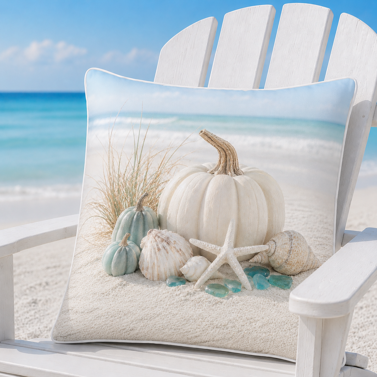 Ivory and aqua coastal pillow cover styled on an Adirondack chair beside the sea
