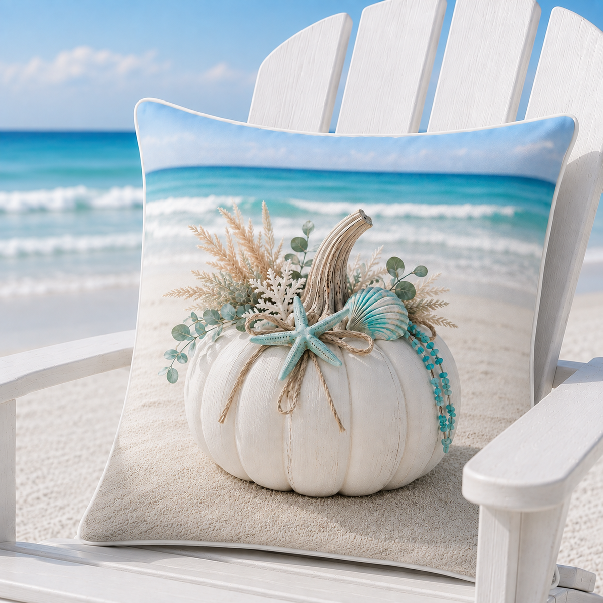 Turquoise Coast pillow cover styled on a white Adirondack chair beside turquoise water