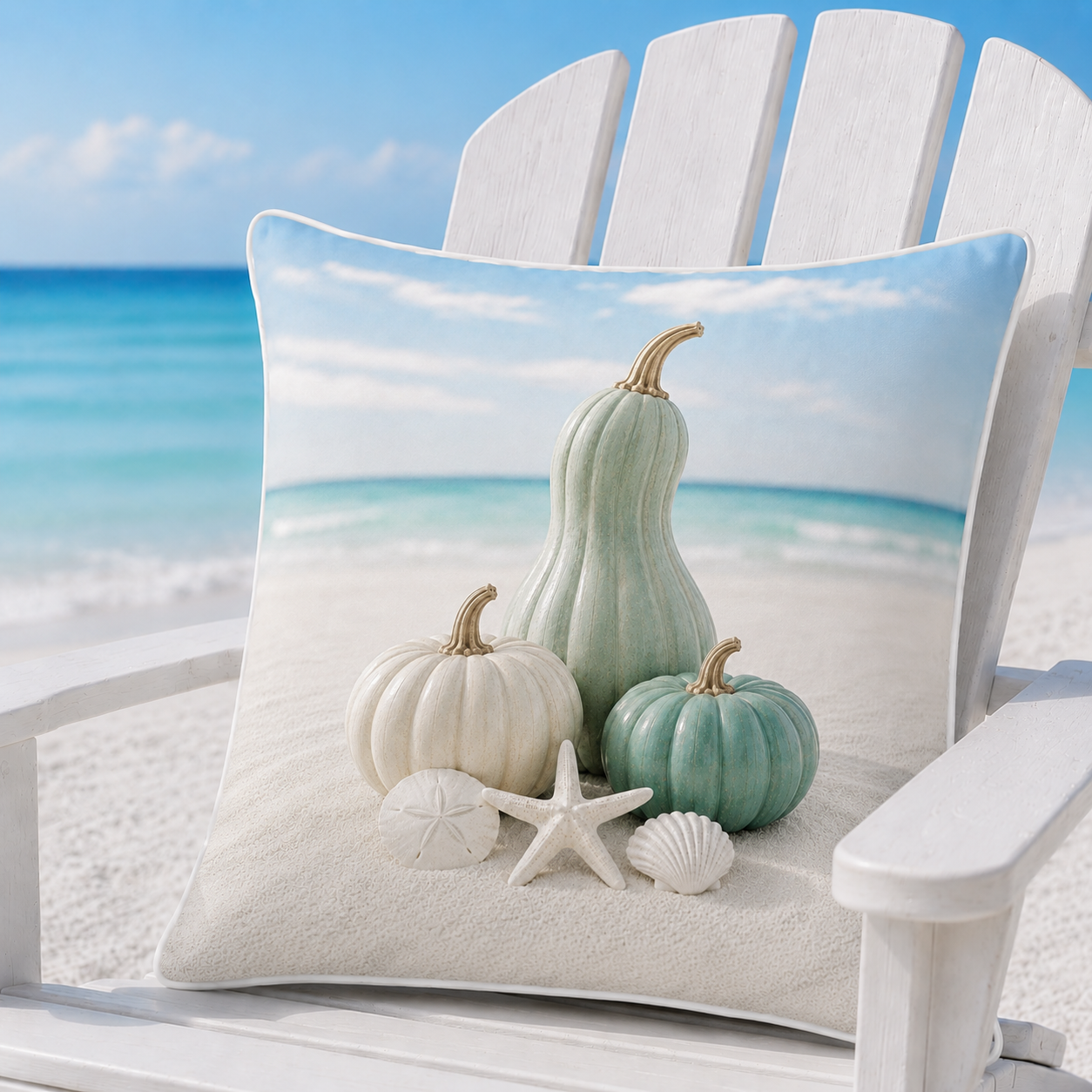 Turquoise Shore pillow cover styled on a white Adirondack chair beside turquoise water