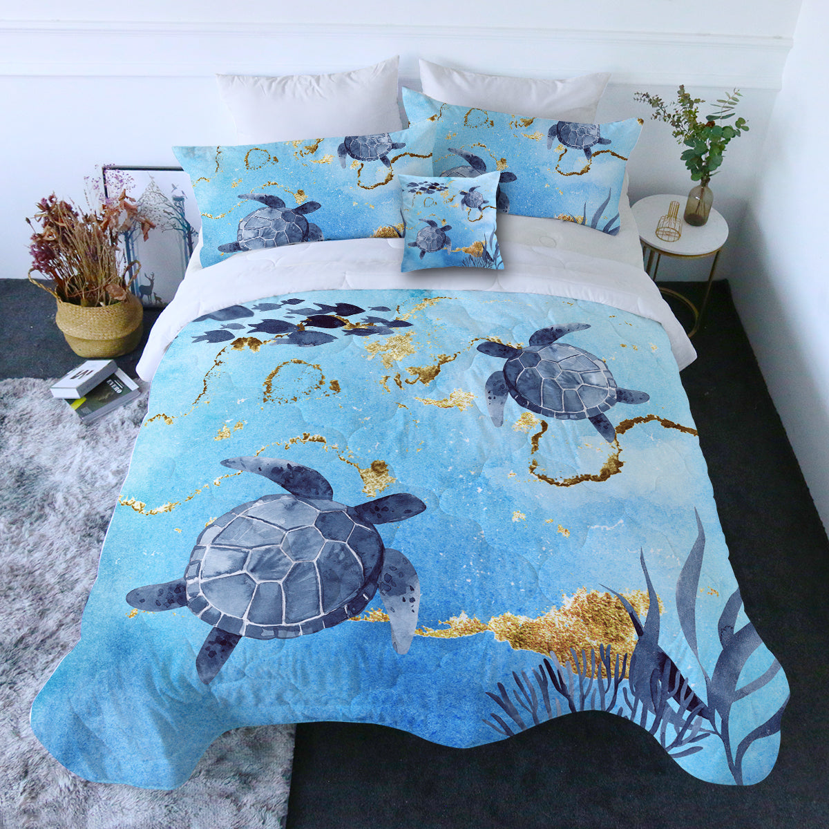 Golden Sea Turtle Bay Comforter with Shams and Pillow Cover