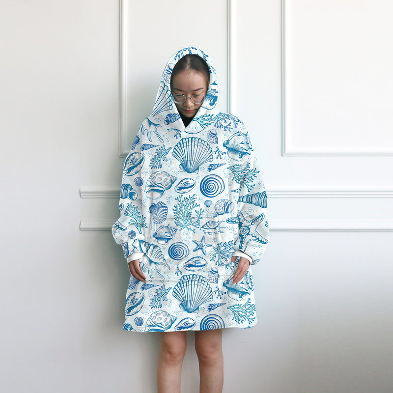 Blue Seashells Wearable Blanket Hoodie