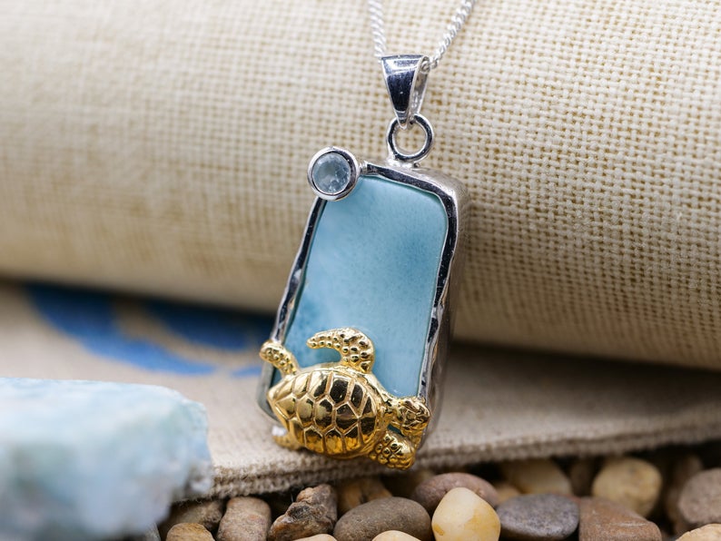 Caribbean Larimar Pendant Necklace with Golden Sea Turtle - Only One Piece Created