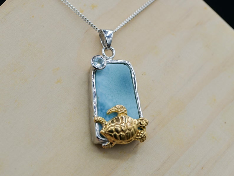 Caribbean Larimar Pendant Necklace with Golden Sea Turtle - Only One Piece Created