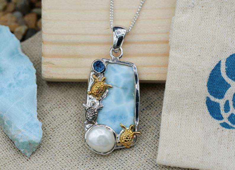 Three Sea Turtles with Larimar and Pearl Pendant Necklace - Only One Piece Created