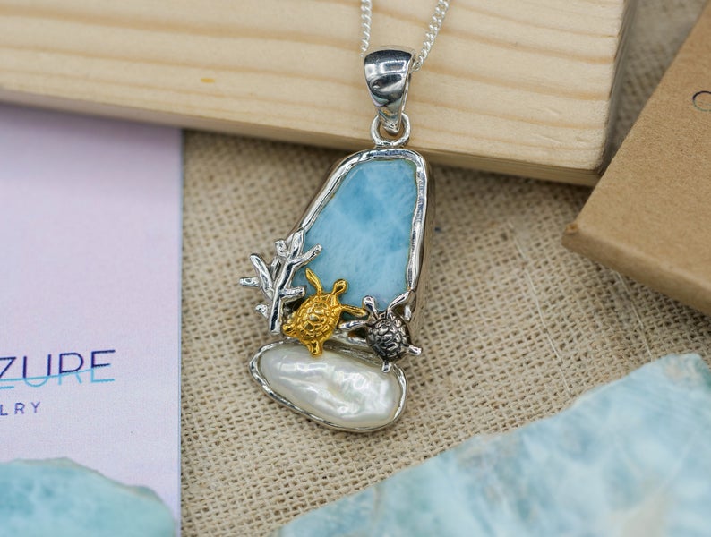 Two Sea Turtles with Larimar and Pearl Pendant Necklace - Only One Piece Created