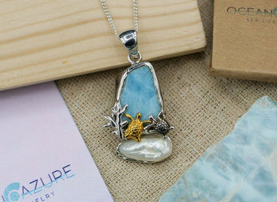 Two Sea Turtles with Larimar and Pearl Pendant Necklace - Only One Piece Created