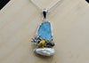 Two Sea Turtles with Larimar and Pearl Pendant Necklace - Only One Piece Created