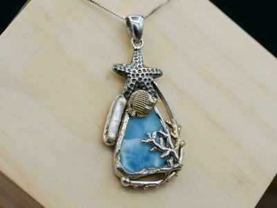 Sterling Silver Starfish with Caribbean Larimar Pendant Necklace - Only One Piece Created