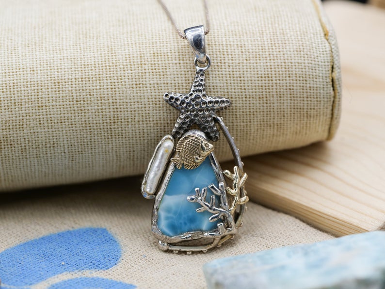 Sterling Silver Starfish with Caribbean Larimar Pendant Necklace - Only One Piece Created
