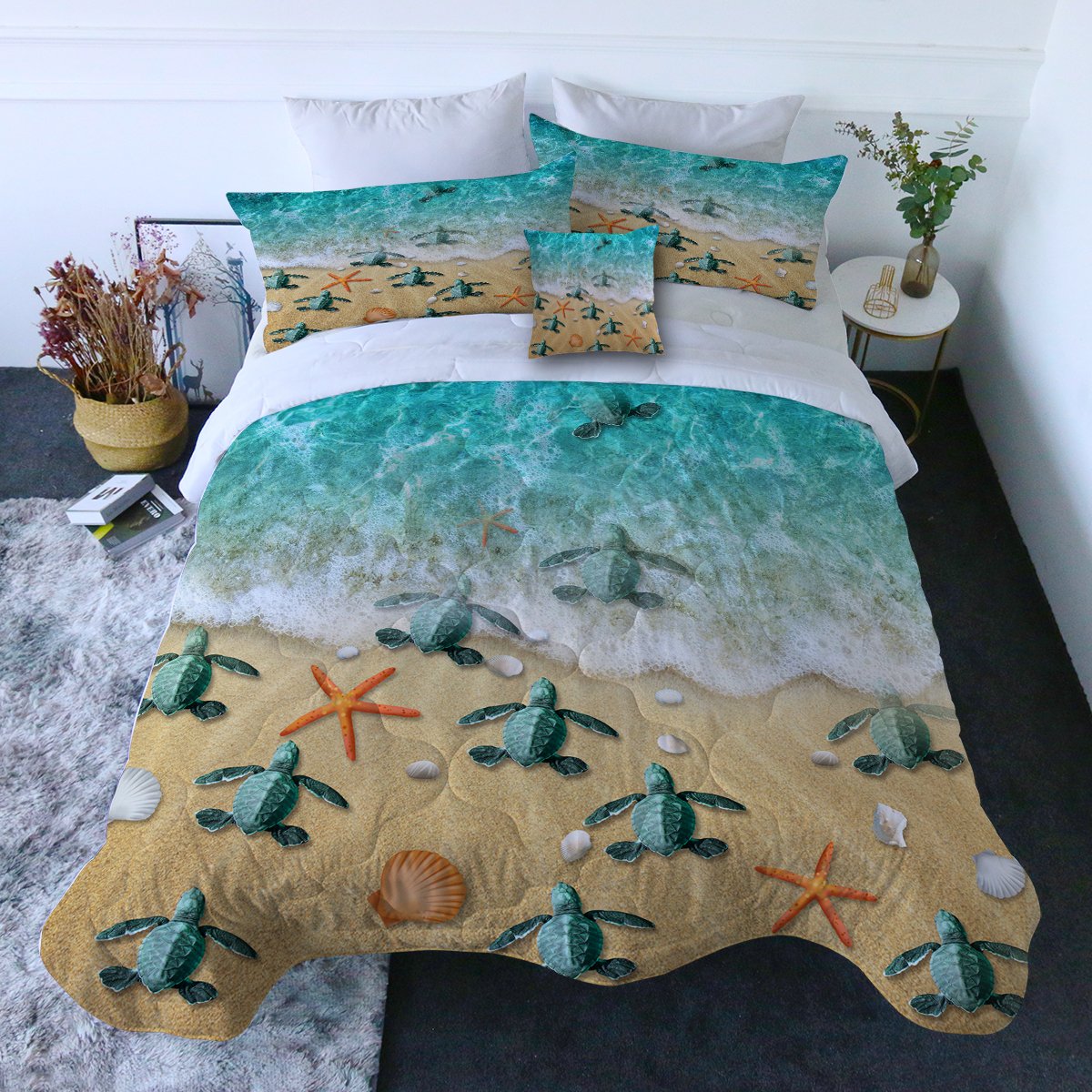 Happy Little Sea Turtles Comforter with Shams and Pillow Cover