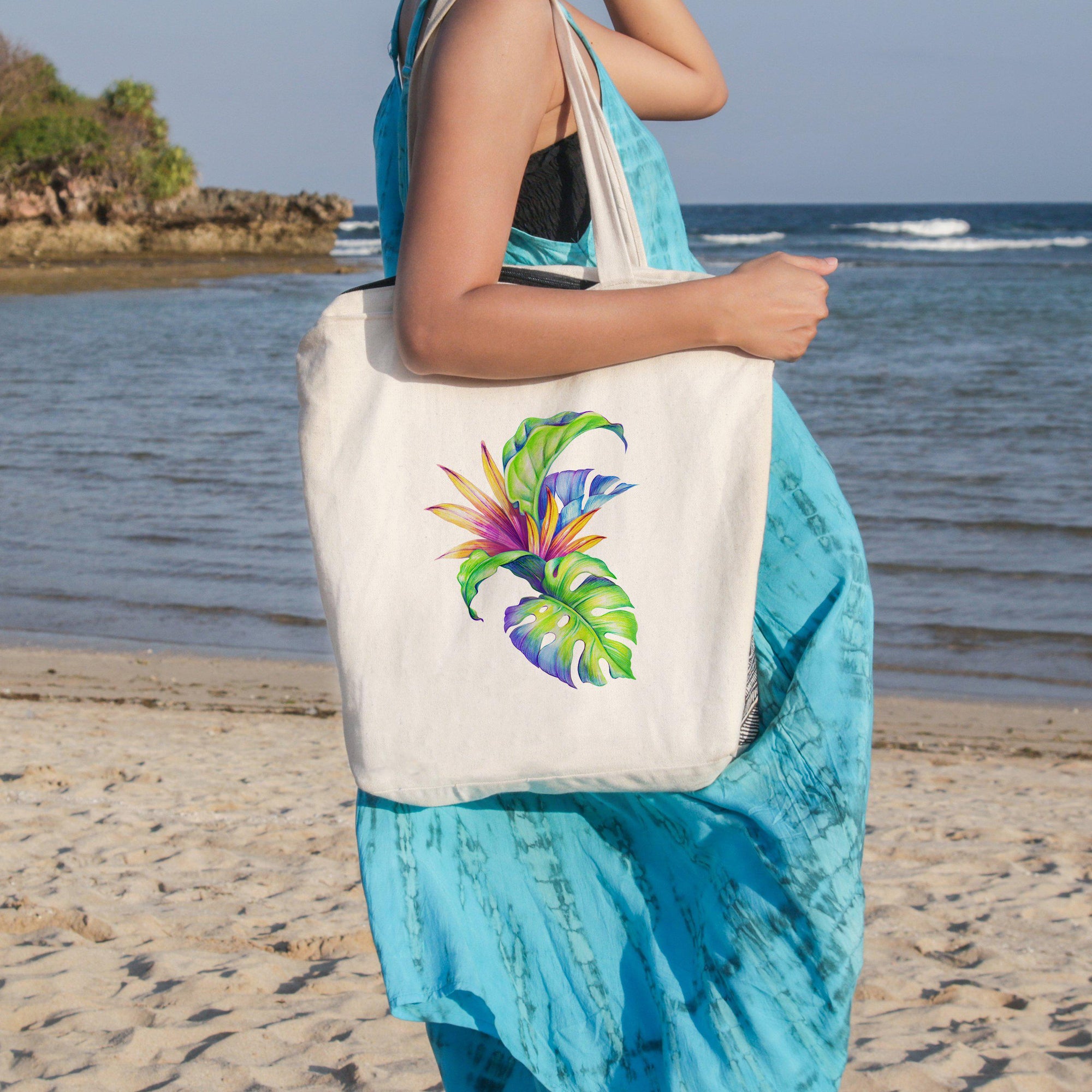 Blue Leaves' Hand-Painted Tote Bag