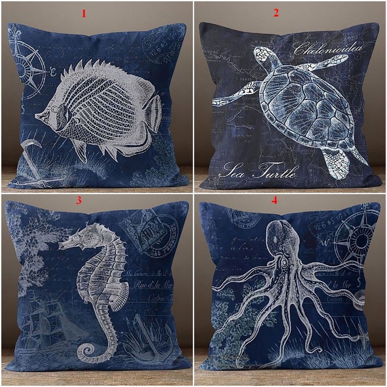 Navy Blue Sealife Set of 4 Pillow Covers