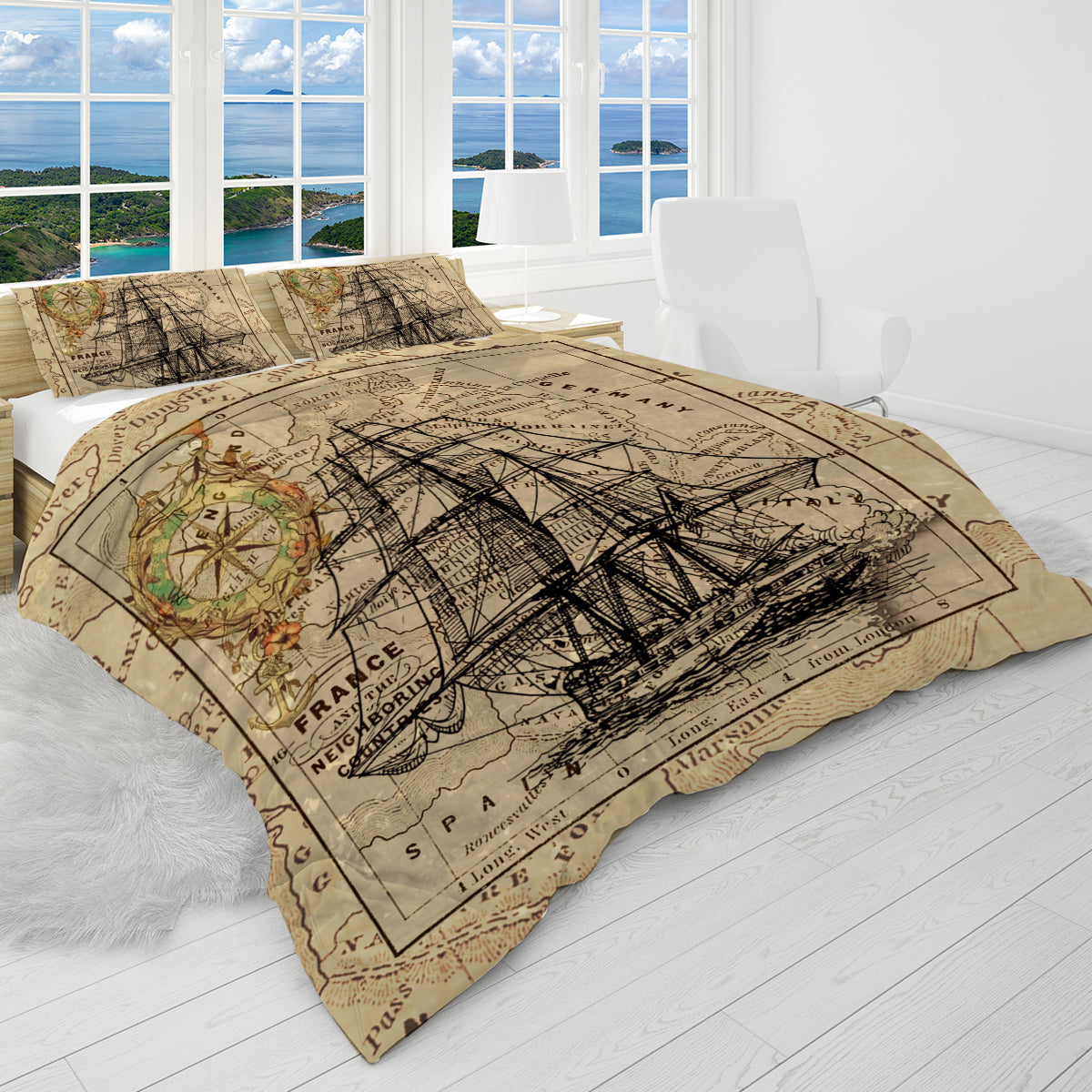 Vintage Nautical Map Reversible Bedcover Set