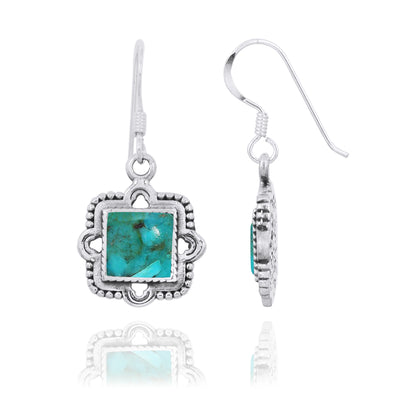 Aztec Theme Square Sterling Silver French Wire Earrings with Square Compressed Turquoise