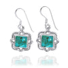 Aztec Theme Square Sterling Silver French Wire Earrings with Square Compressed Turquoise