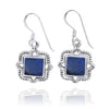 Aztec Theme Square Sterling Silver French Wire Earrings with Square Lapis