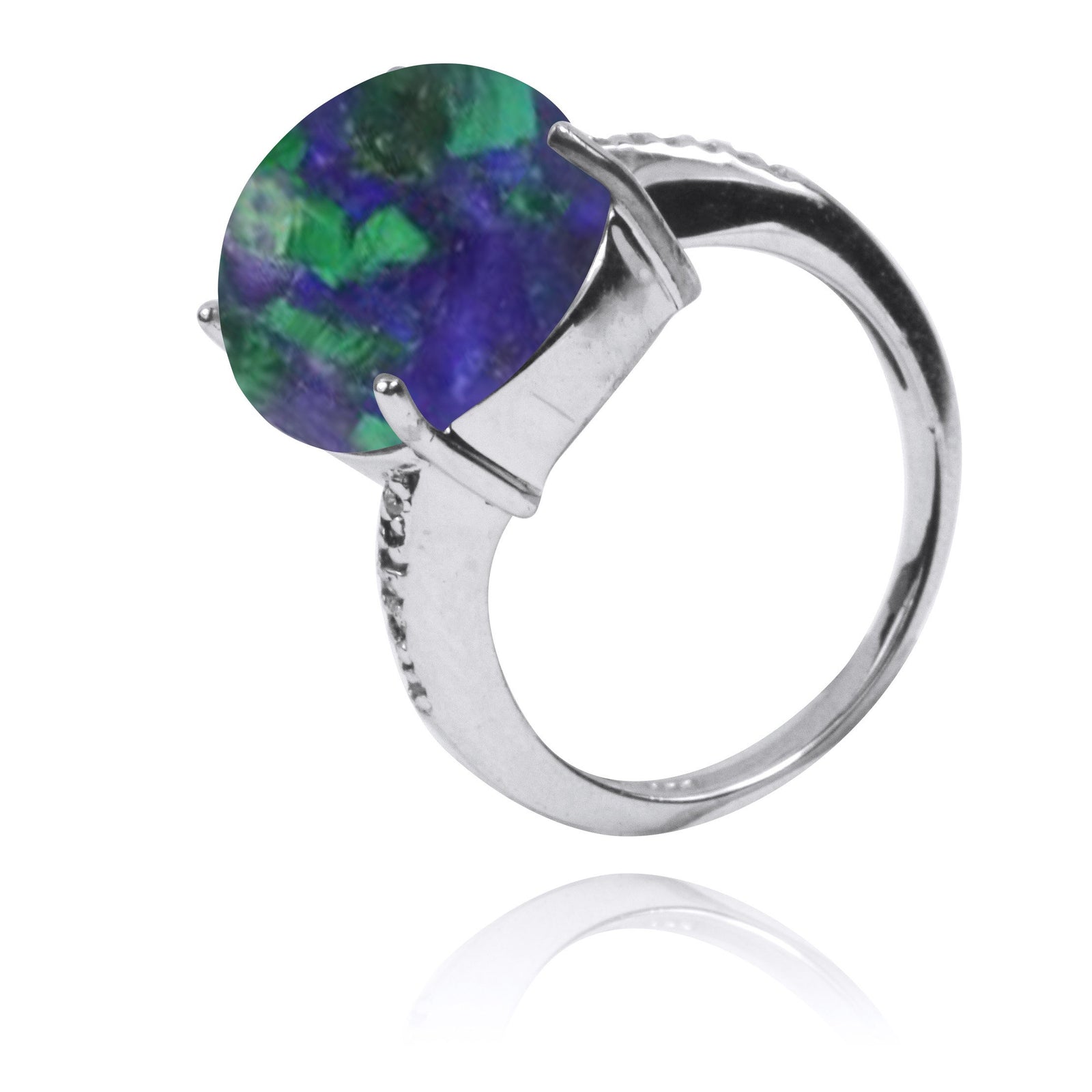Azurite Malachite Gemstone Ring with 14 Round Shape White CZ Stones