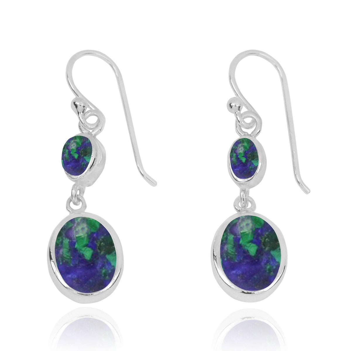 Azurite Malachite Oxidized Silver Drop Earrings with 1 Oval Shape Azurite Malachite Stone