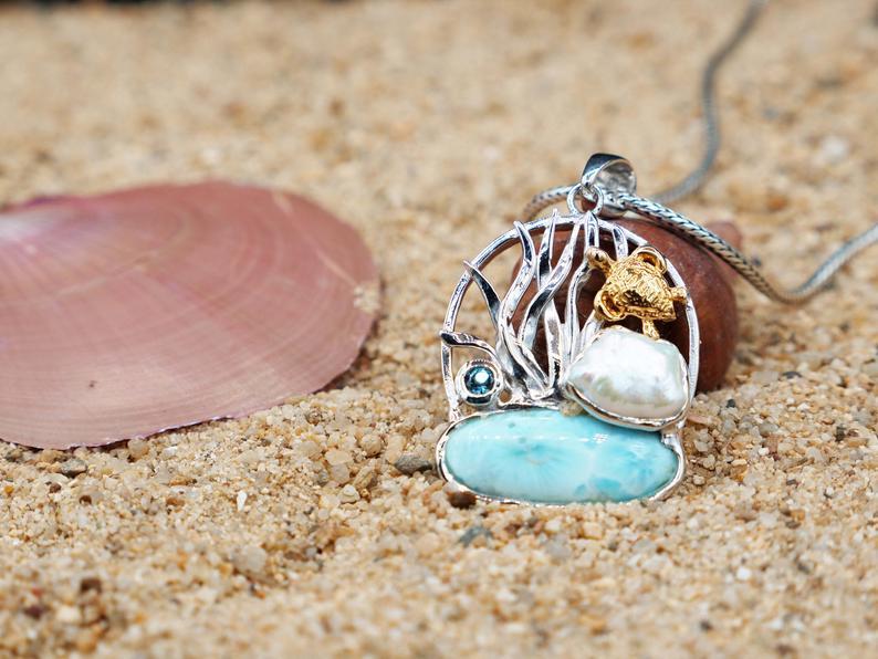 Baby Sea Turtle Beach Pendant with Larimar, Blue Topaz and Pearl - Only One Piece Created