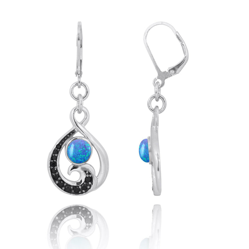 Black Spinel Wave and Round Blue Opal Sterling Silver Lever Back Earrings