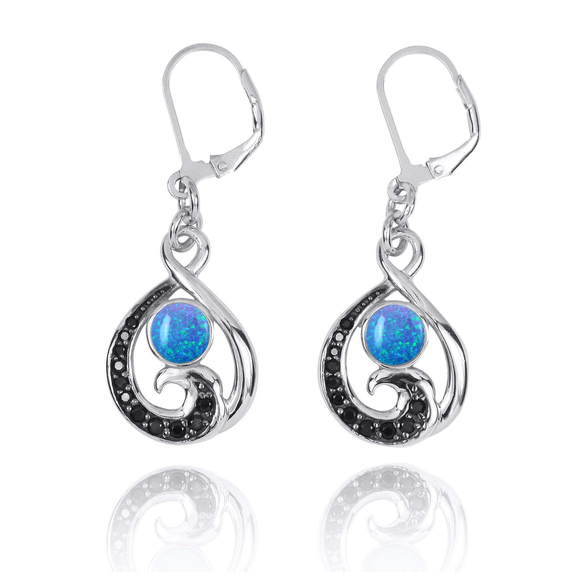 Black Spinel Wave and Round Blue Opal Sterling Silver Lever Back Earrings
