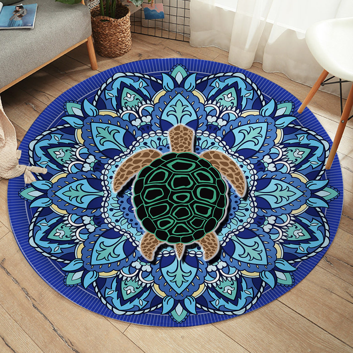 Blue Mandala Turtle Round Area Rug