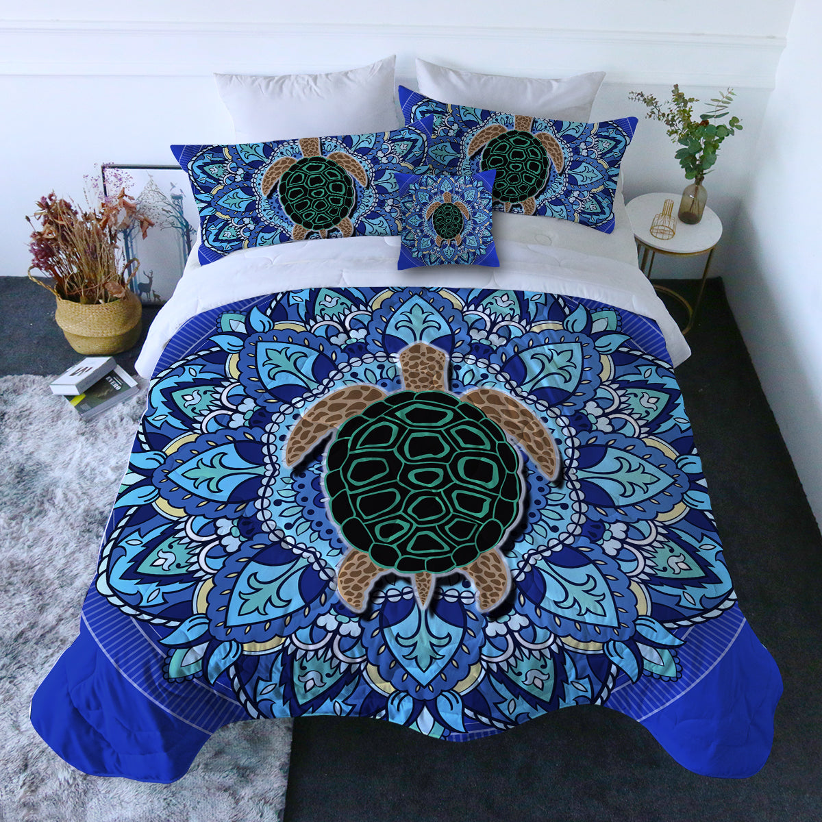 Blue Mandala Turtle Comforter with Shams and Pillow Cover