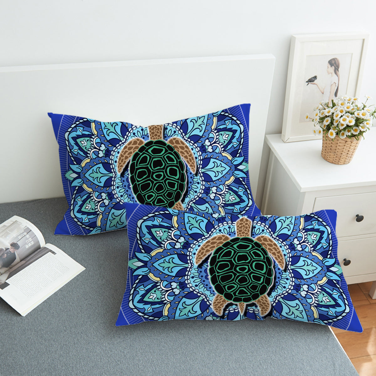 Blue Mandala Turtle Comforter with Shams and Pillow Cover