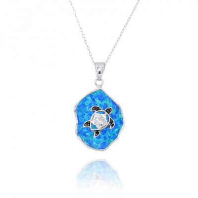 Blue Opal Pendant Necklace with Sterling Silver Turtle and Black Spinel
