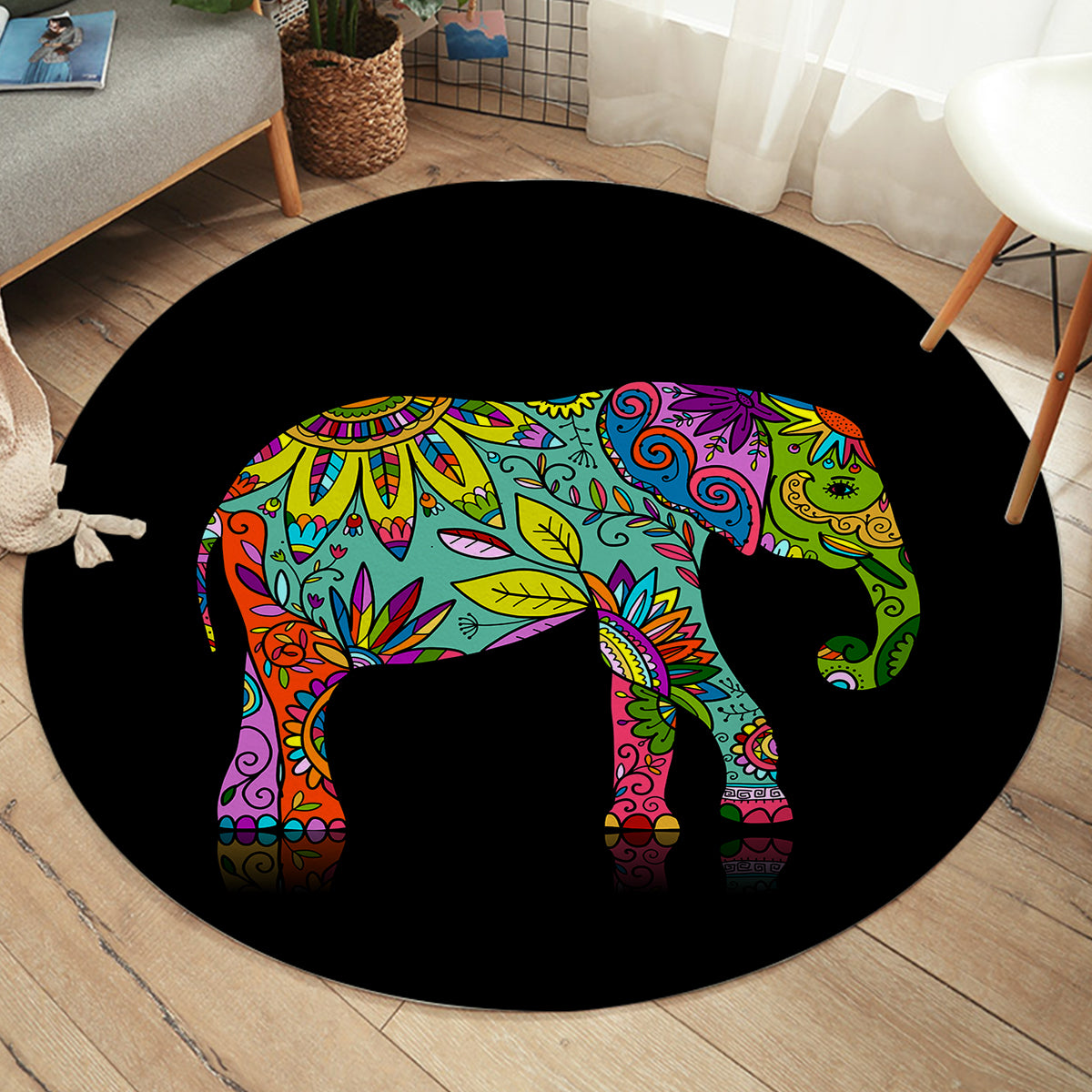 4d Elephant Rug Boho Round Area Rug - Elephant by Coastal Passion